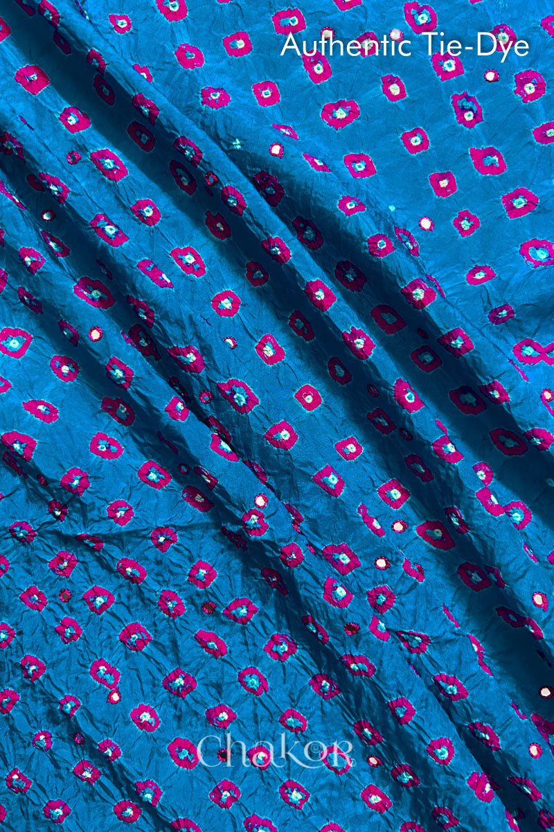 Peacock Blue Bandhani Mulberry Silk Embroidered Blouse Fabric