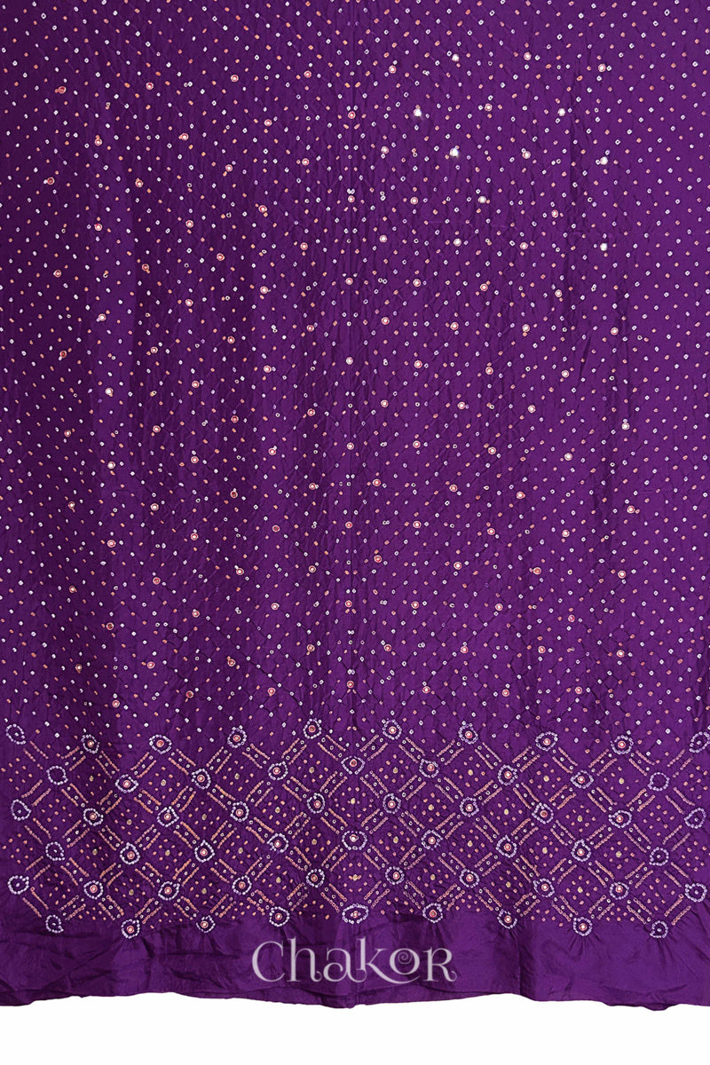 Full fabric panel of Purple mulberry silk Bandhani (Rai Bandhej) with all-over white and mustard butis and a geometric border with red mirror & sequins embroidery – CHAKOR.
