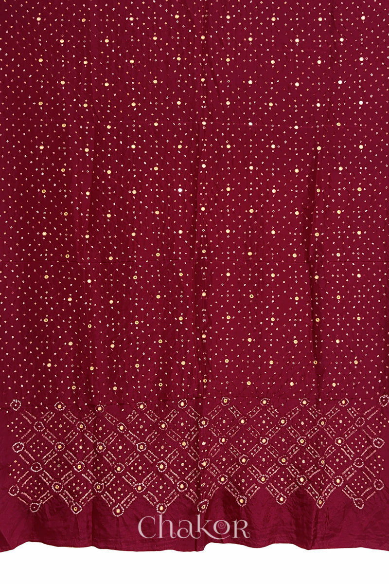 Full fabric panel of Deep Red mulberry silk Bandhani (Rai Bandhej) with all-over white and yellow butis and a geometric border with yellow with zari mirror & sequins embroidery – CHAKOR.