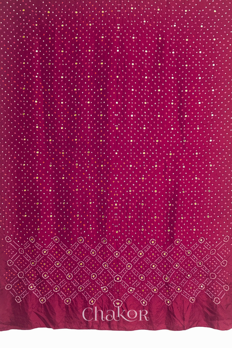 Full fabric panel of Rani Pink mulberry silk Bandhani (Rai Bandhej) with all-over white and yellow butis and a geometric border with golden zari mirror & sequins embroidery – CHAKOR.