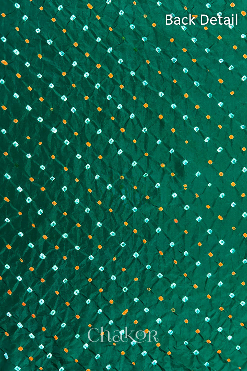 Back detail of Green mulberry silk Bandhani (Rai Bandhej) fabric with white and mustard tie-dye butis in an all-over pattern – CHAKOR.