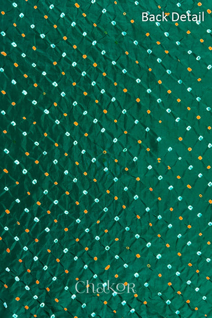 Back detail of Green mulberry silk Bandhani (Rai Bandhej) fabric with white and mustard tie-dye butis in an all-over pattern – CHAKOR.