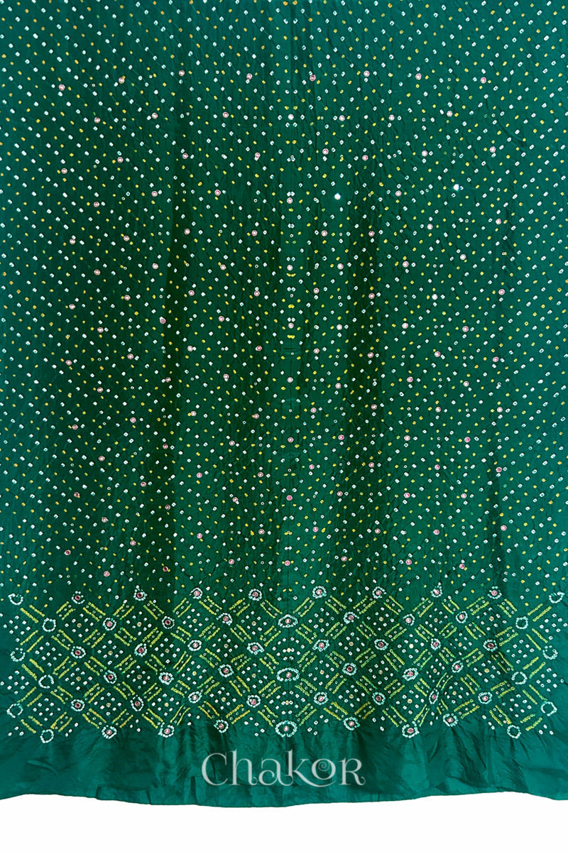 Full fabric panel of Green mulberry silk Bandhani (Rai Bandhej) with all-over white and mustard butis and a geometric border with pink mirror & sequins embroidery – CHAKOR.