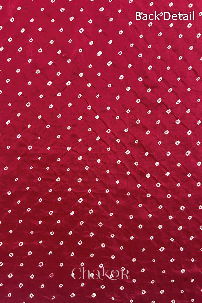 Back detail of Deep Red mulberry silk Bandhani (Rai Bandhej) fabric with white tie-dye dots in an all-over pattern – CHAKOR.
