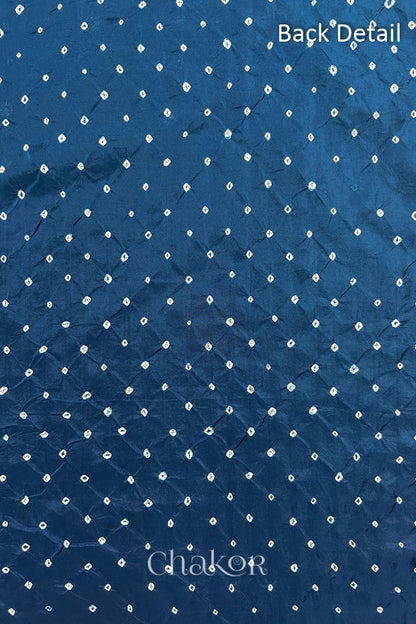 Back detail of Indigo Blue mulberry silk Bandhani (Rai Bandhej) fabric with white tie-dye butis in an all-over pattern – CHAKOR.
