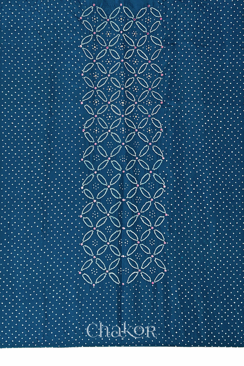 Full fabric panel of Indigo Blue mulberry silk Bandhani (Rai Bandhej) with all-over white butis and a floral border with pink with zari mirror & sequins embroidery – CHAKOR.
