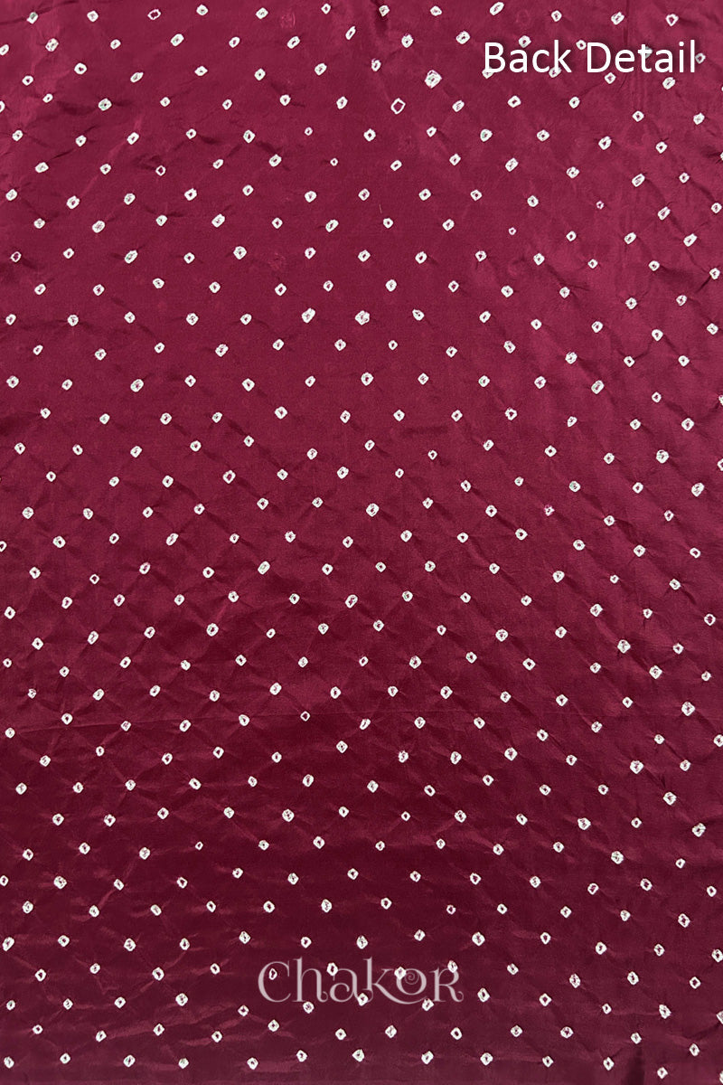 Back detail of Dusty Red mulberry silk Bandhani (Rai Bandhej) fabric with white tie-dye dots in an all-over pattern – CHAKOR.
