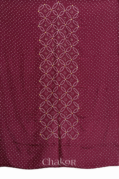 Full fabric panel of Dusty Red mulberry silk Bandhani (Rai Bandhej) with all-over white dots and a floral border with yellow with zari mirror & sequins embroidery – CHAKOR.

