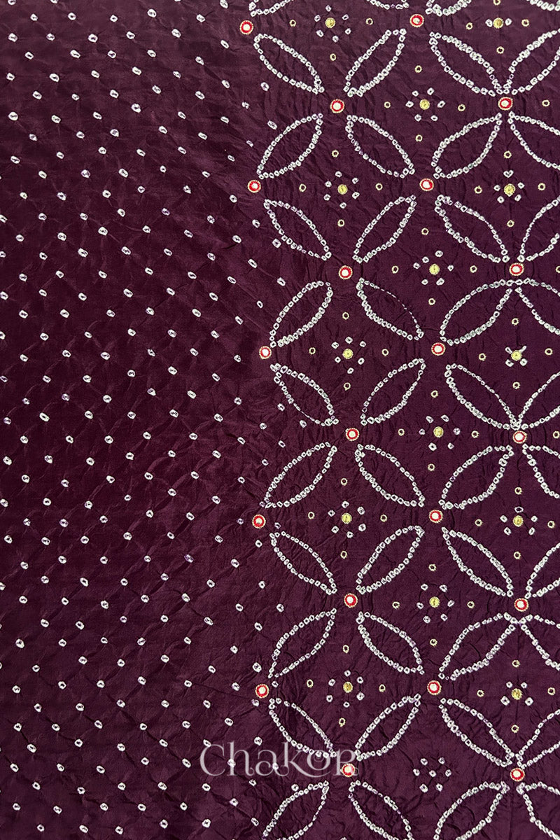 Maroon mulberry silk Bandhani (Rai Bandhej) fabric showing full layout with white tie-dye dots, floral bandhej pattern, and red with zari mirror & sequins embroidery – CHAKOR.
