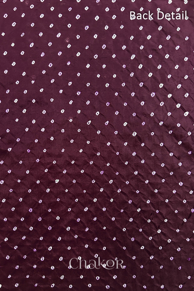 Back detail of Maroon mulberry silk Bandhani (Rai Bandhej) fabric with white tie-dye dots in an all-over pattern – CHAKOR.
