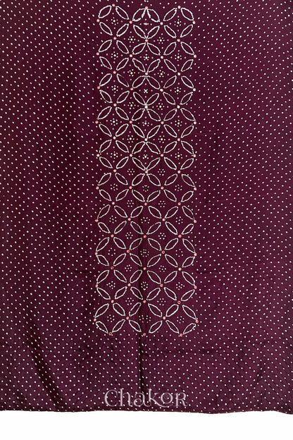 Full fabric panel of Maroon mulberry silk Bandhani (Rai Bandhej) with all-over white dots and a floral border with red with zari mirror & sequins embroidery – CHAKOR.
