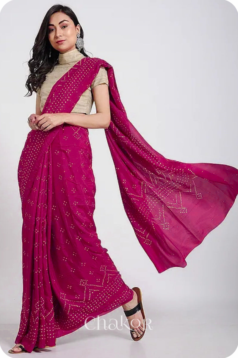 Pink Bandhani Mulberry Silk Saree