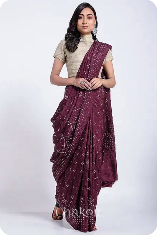 Maroon Bandhani Mulberry Silk Saree