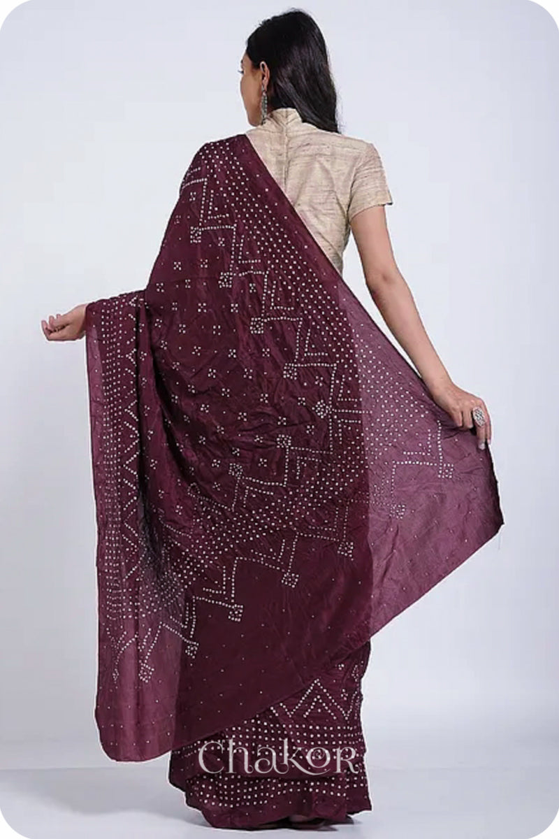 Maroon Bandhani Mulberry Silk Saree