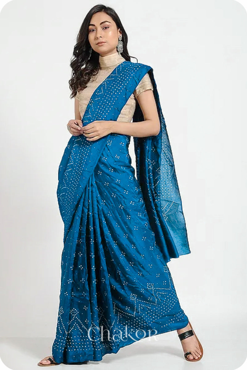 Peacock Blue Bandhani Mulberry Silk Saree