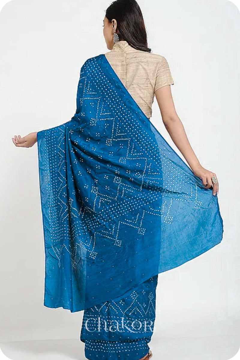 Peacock Blue Bandhani Mulberry Silk Saree