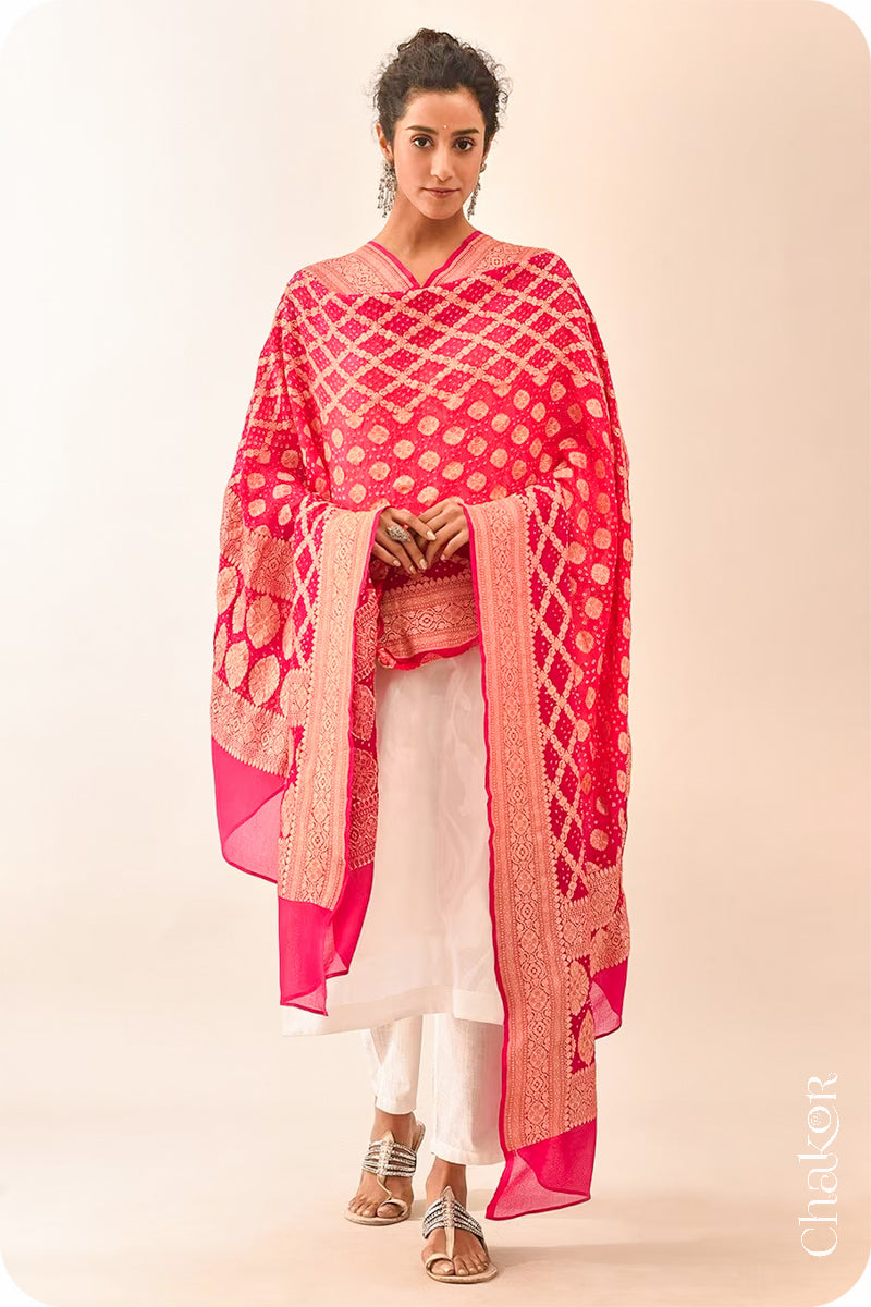 Chakor's Traditional Coral Pink shaded Bandhani Banarasi Georgette Silk Dupatta. 