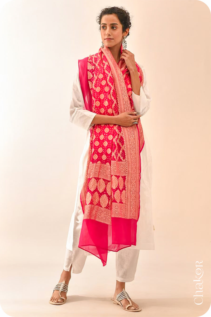 Chakor's Traditional Coral Pink shaded Bandhani Banarasi Georgette Silk Dupatta. 