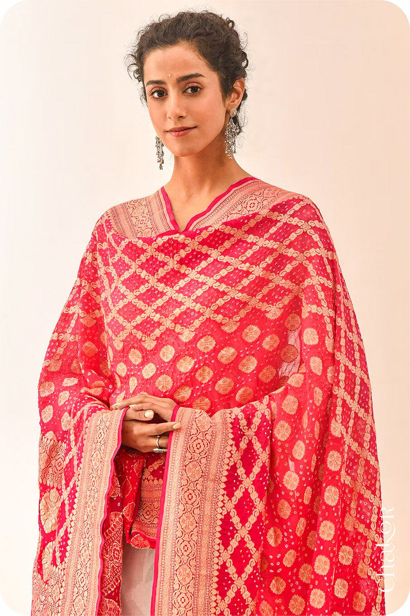 Chakor's Traditional Coral Pink shaded Bandhani Banarasi Georgette Silk Dupatta. 