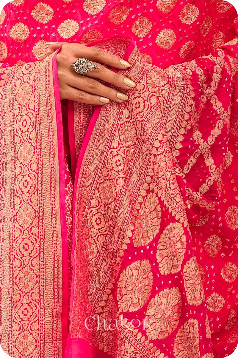 Chakor's Traditional Coral Pink shaded Bandhani Banarasi Georgette Silk Dupatta. 