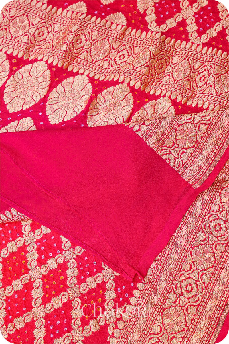 Chakor's Traditional Coral Pink shaded Bandhani Banarasi Georgette Silk Dupatta. 