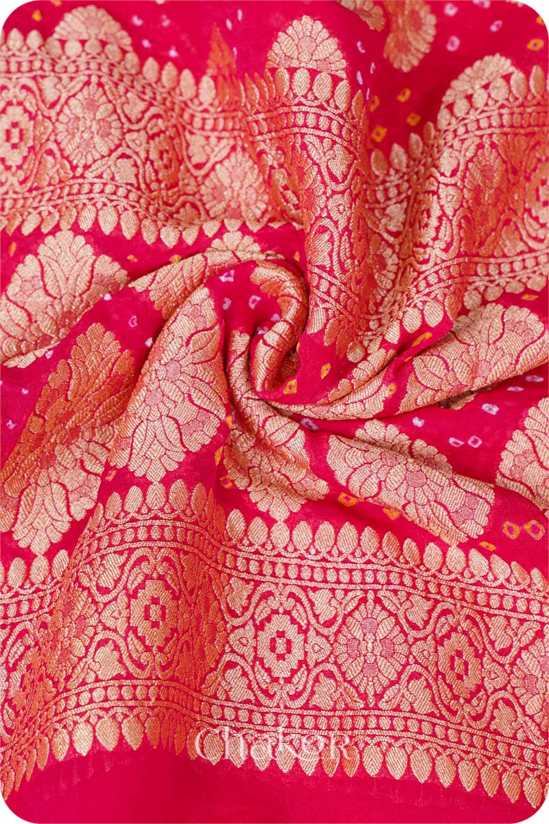 Chakor's Traditional Coral Pink shaded Bandhani Banarasi Georgette Silk Dupatta. 