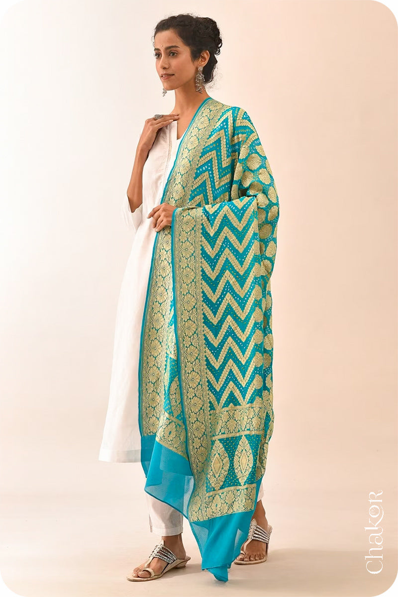 Chakor's Traditional Turquoise Bandhani Banarasi Georgette Silk Dupatta. 