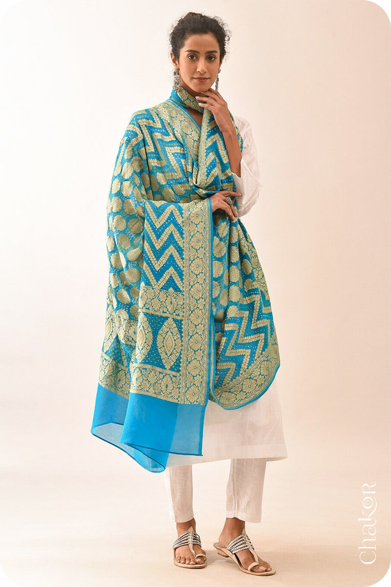 Chakor's Traditional Turquoise Bandhani Banarasi Georgette Silk Dupatta. 