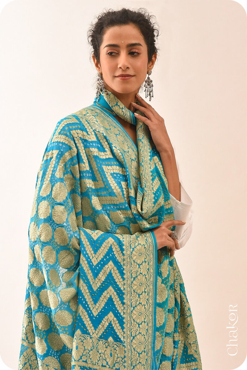 Chakor's Traditional Turquoise Bandhani Banarasi Georgette Silk Dupatta. 