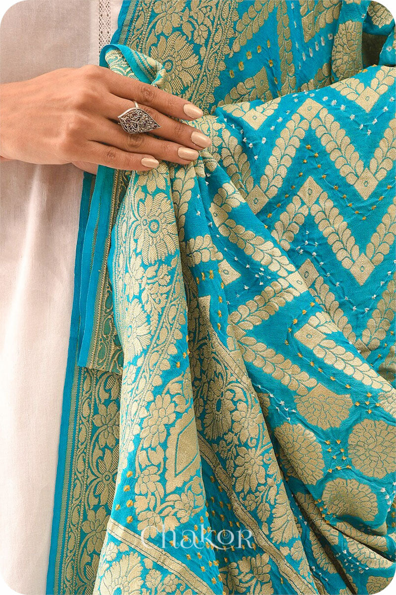 Chakor's Traditional Turquoise Bandhani Banarasi Georgette Silk Dupatta. 