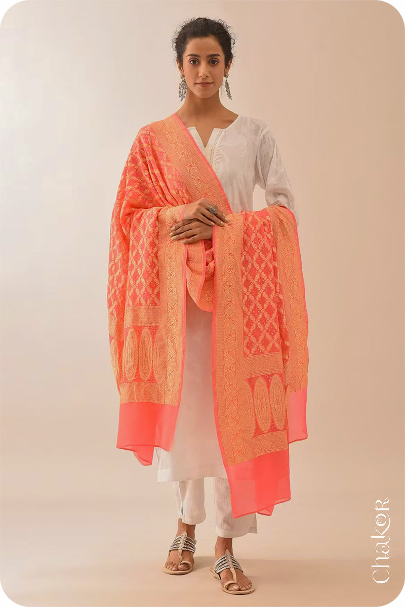 Chakor's Traditional Peach Bandhani Banarasi Georgette Silk Dupatta. 