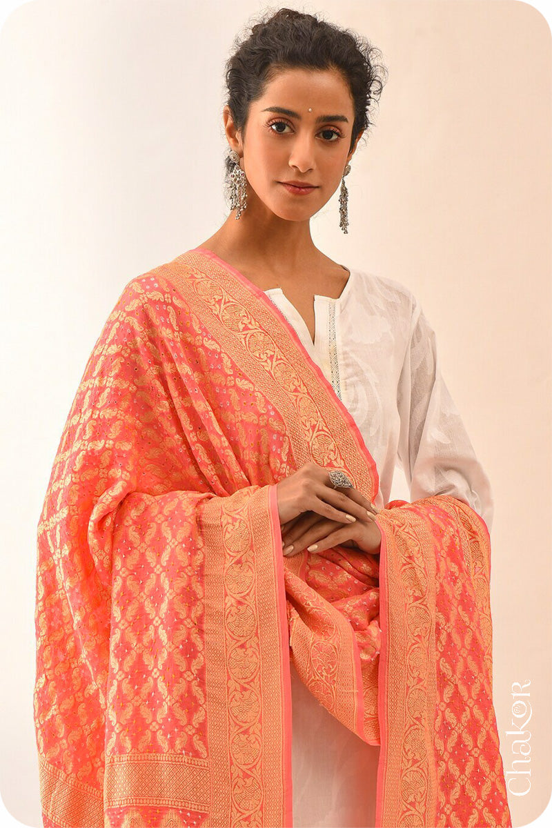 Chakor's Traditional Peach Bandhani Banarasi Georgette Silk Dupatta. 