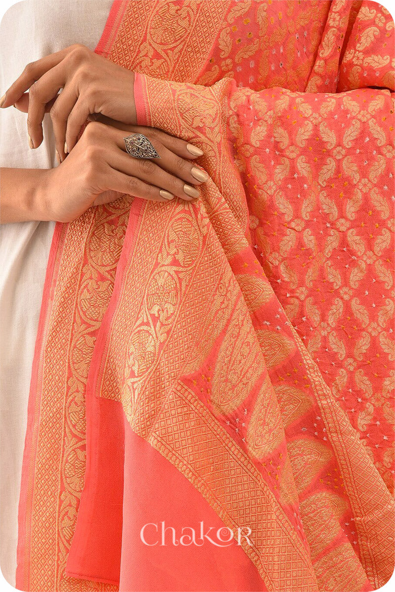 Chakor's Traditional Peach Bandhani Banarasi Georgette Silk Dupatta. 