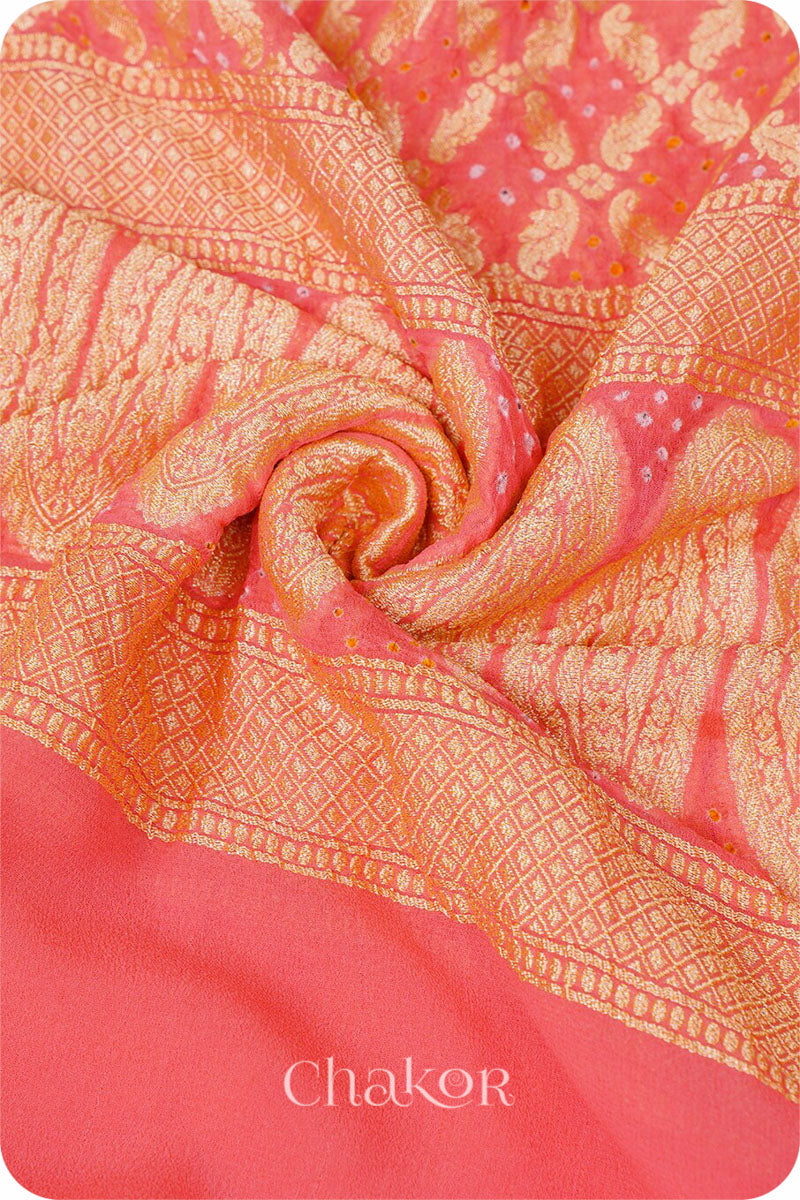 Chakor's Traditional Peach Bandhani Banarasi Georgette Silk Dupatta. 