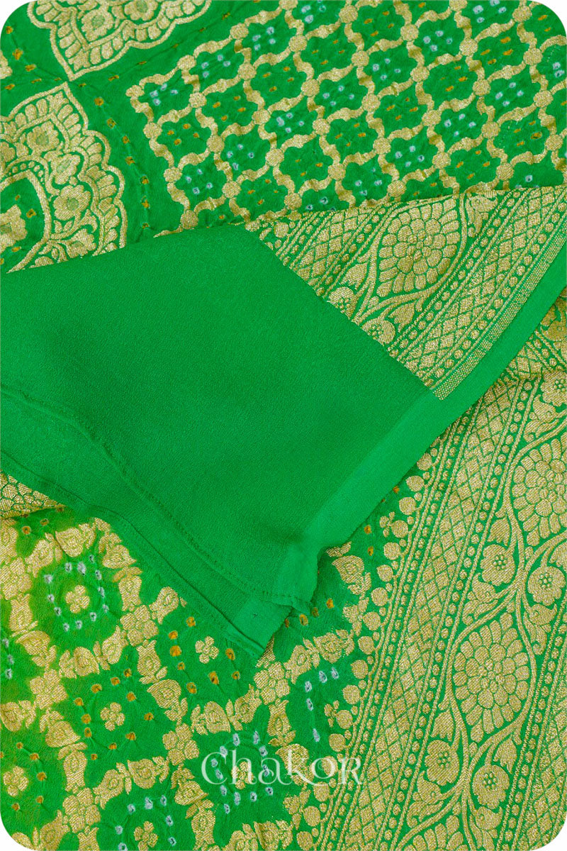 Chakor's Traditional Parrot & Green shaded Bandhani Banarasi Georgette Silk Dupatta. 