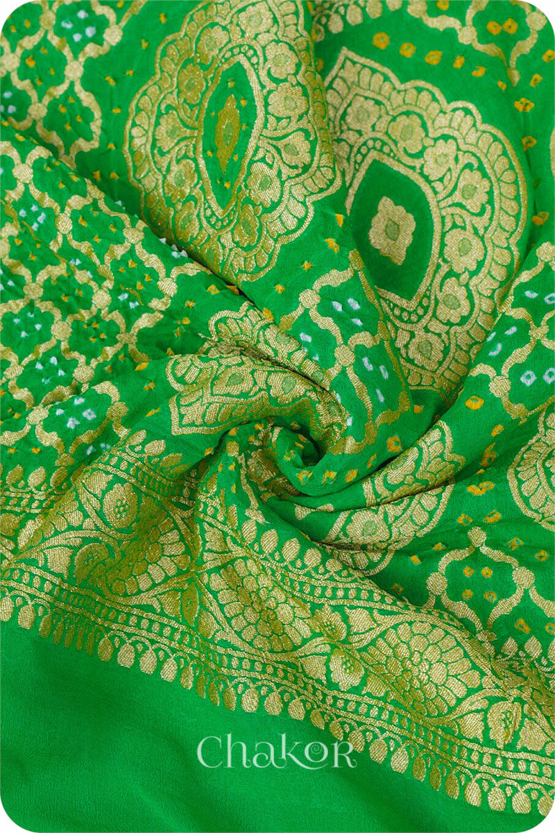 Chakor's Traditional Parrot & Green shaded Bandhani Banarasi Georgette Silk Dupatta. 