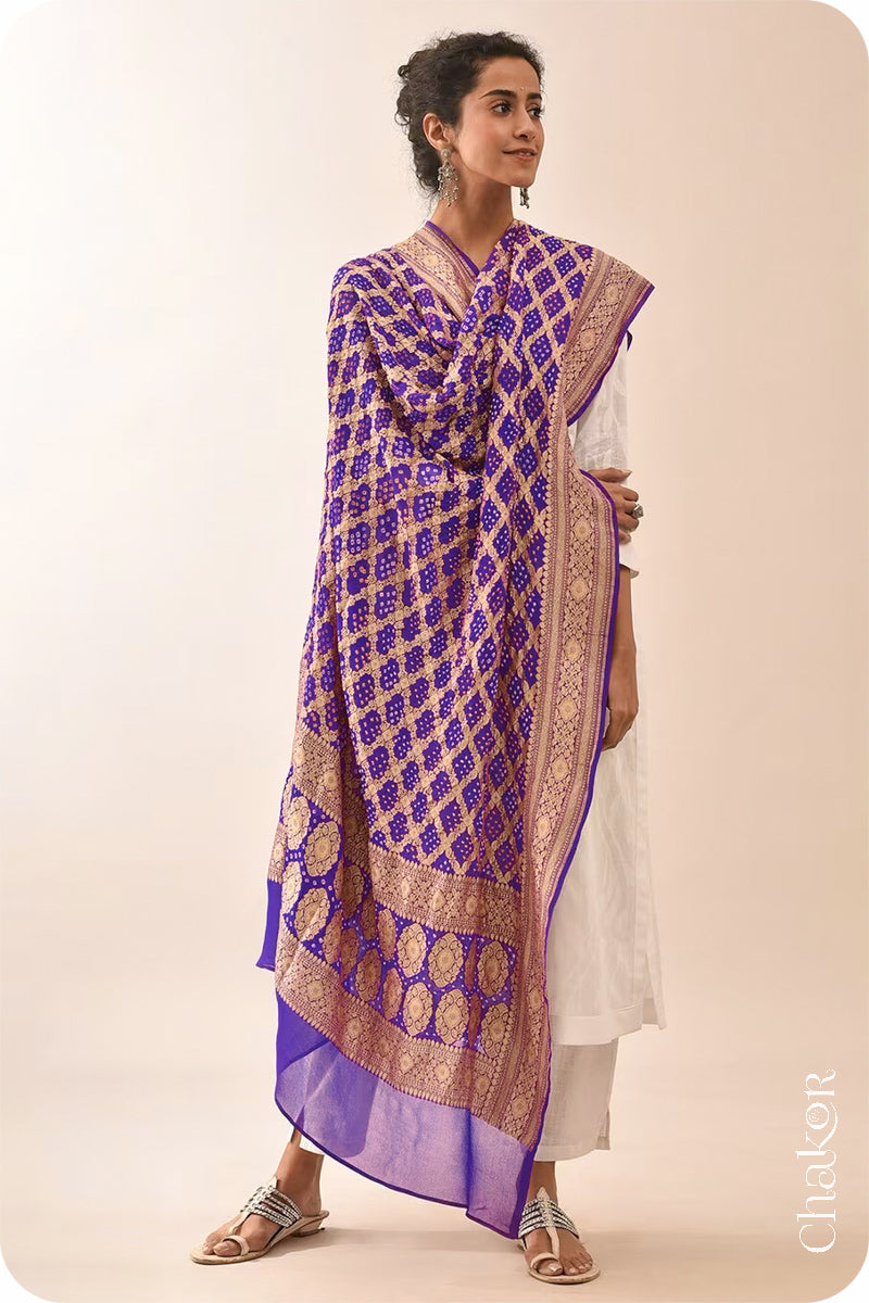 Chakor's Traditional Purple Bandhani Banarasi Georgette Silk Dupatta. 