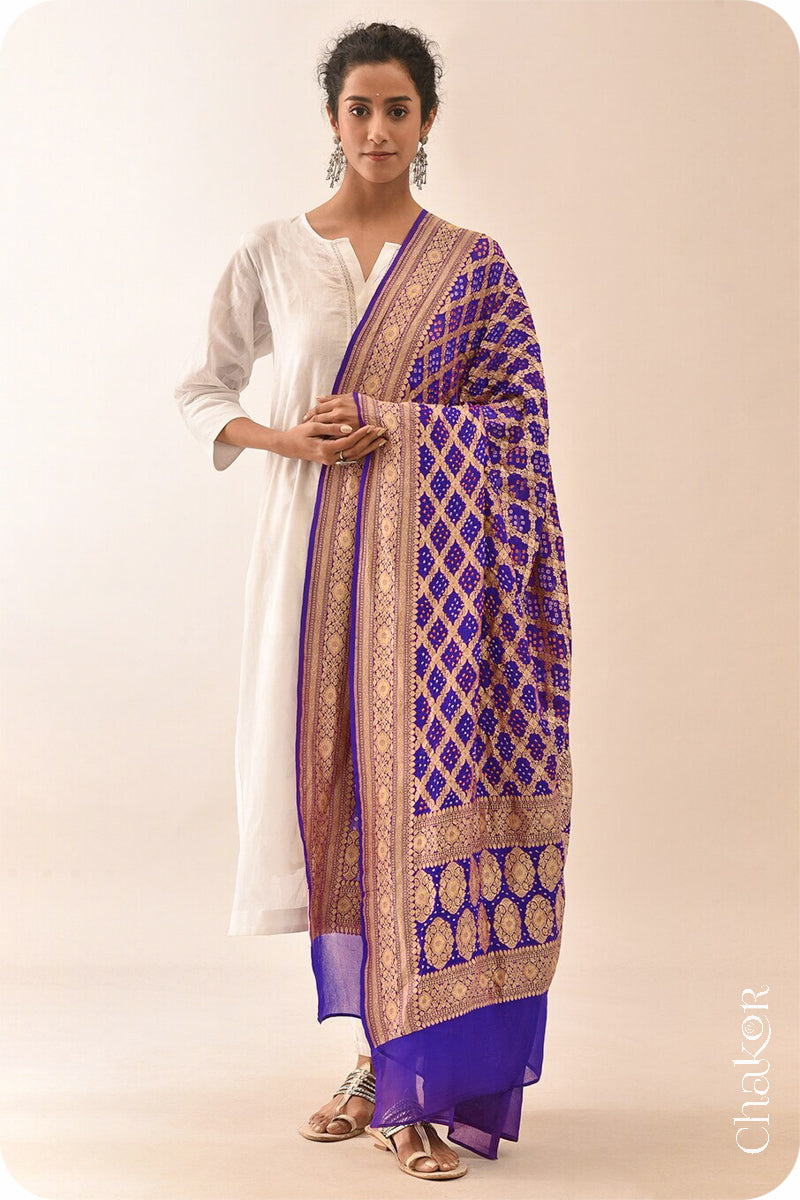 Chakor's Traditional Purple Bandhani Banarasi Georgette Silk Dupatta. 