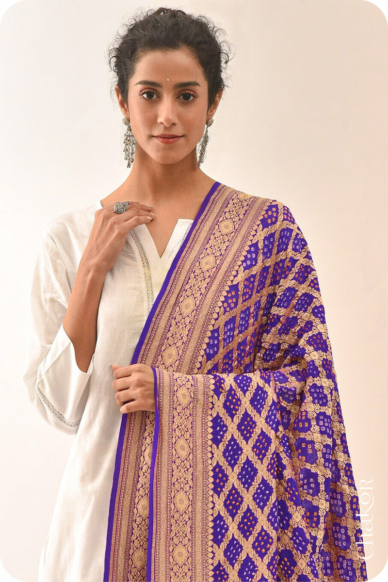 Chakor's Traditional Purple Bandhani Banarasi Georgette Silk Dupatta. 