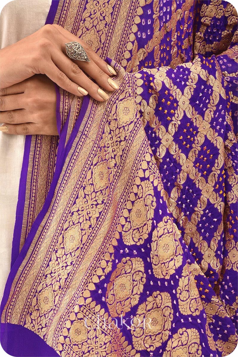 Chakor's Traditional Purple Bandhani Banarasi Georgette Silk Dupatta. 