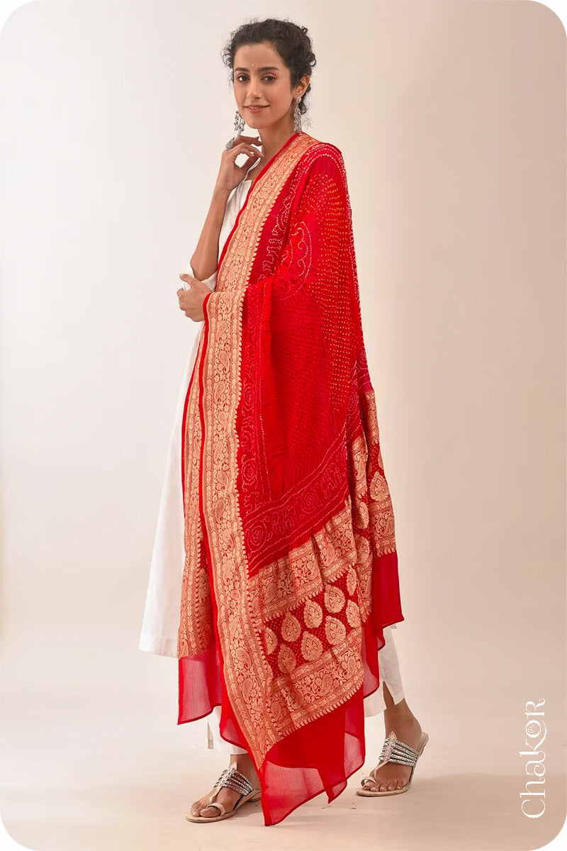 Chakor's Traditional Red Bandhani Banarasi Georgette Silk Dupatta. 