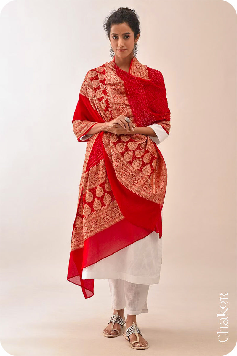 Chakor's Traditional Red Bandhani Banarasi Georgette Silk Dupatta. 