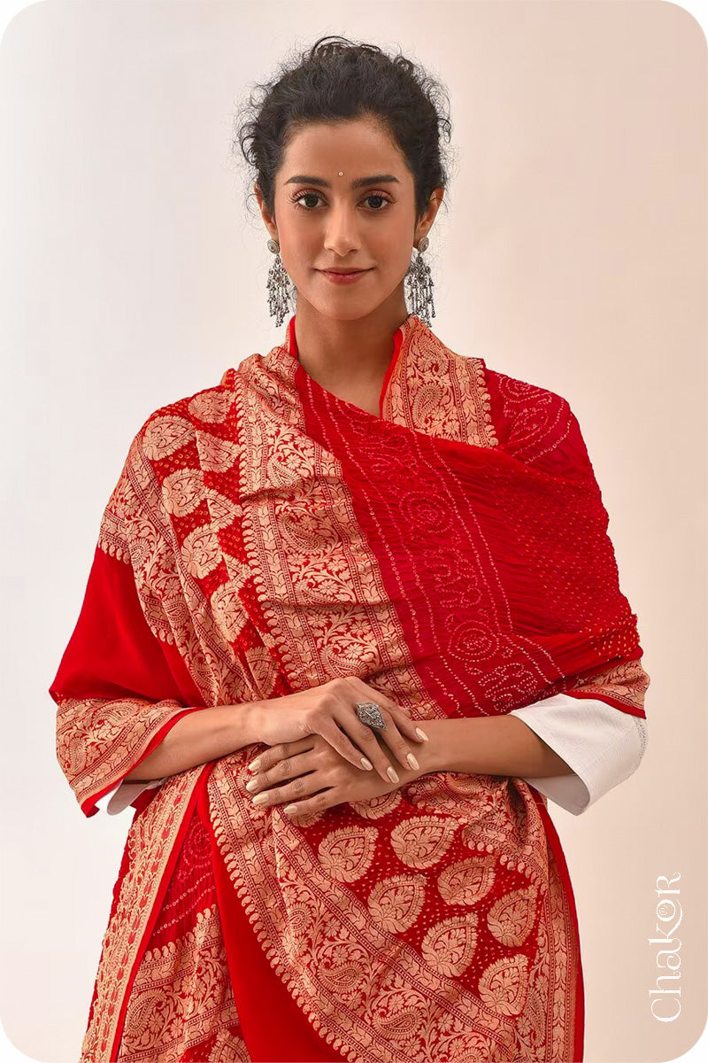 Chakor's Traditional Red Bandhani Banarasi Georgette Silk Dupatta. 