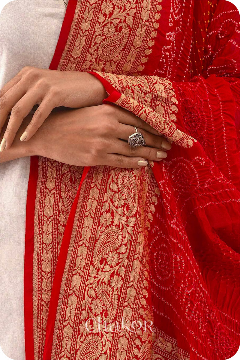 Chakor's Traditional Red Bandhani Banarasi Georgette Silk Dupatta. 