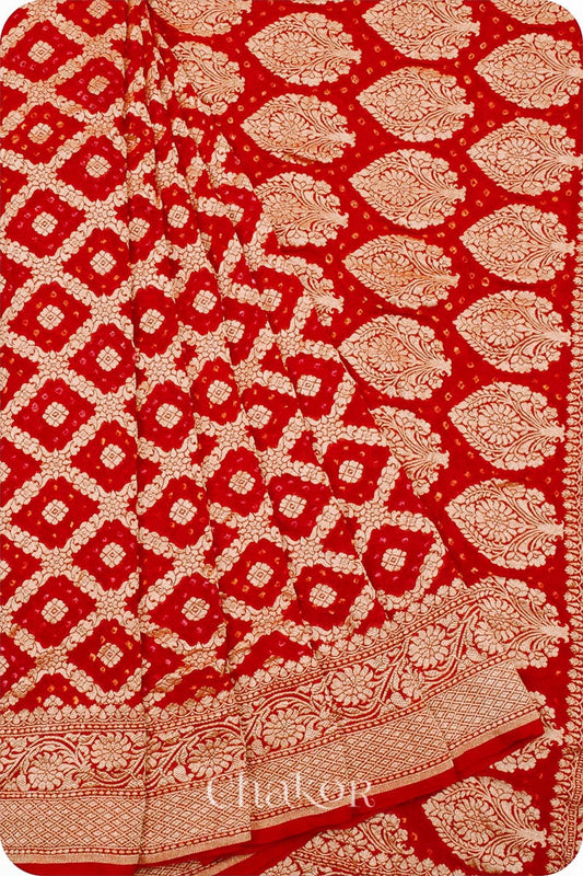Chakor's traditional auspicious Red banarasi silk bandhej handloom saree