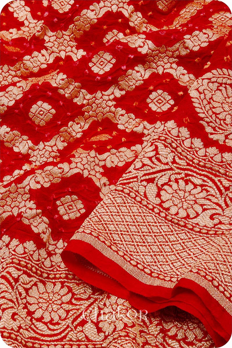 Chakor's traditional auspicious Red banarasi silk bandhej handloom saree - closeup