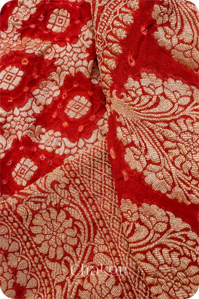 Chakor's traditional auspicious Red banarasi silk bandhej handloom saree - closeup