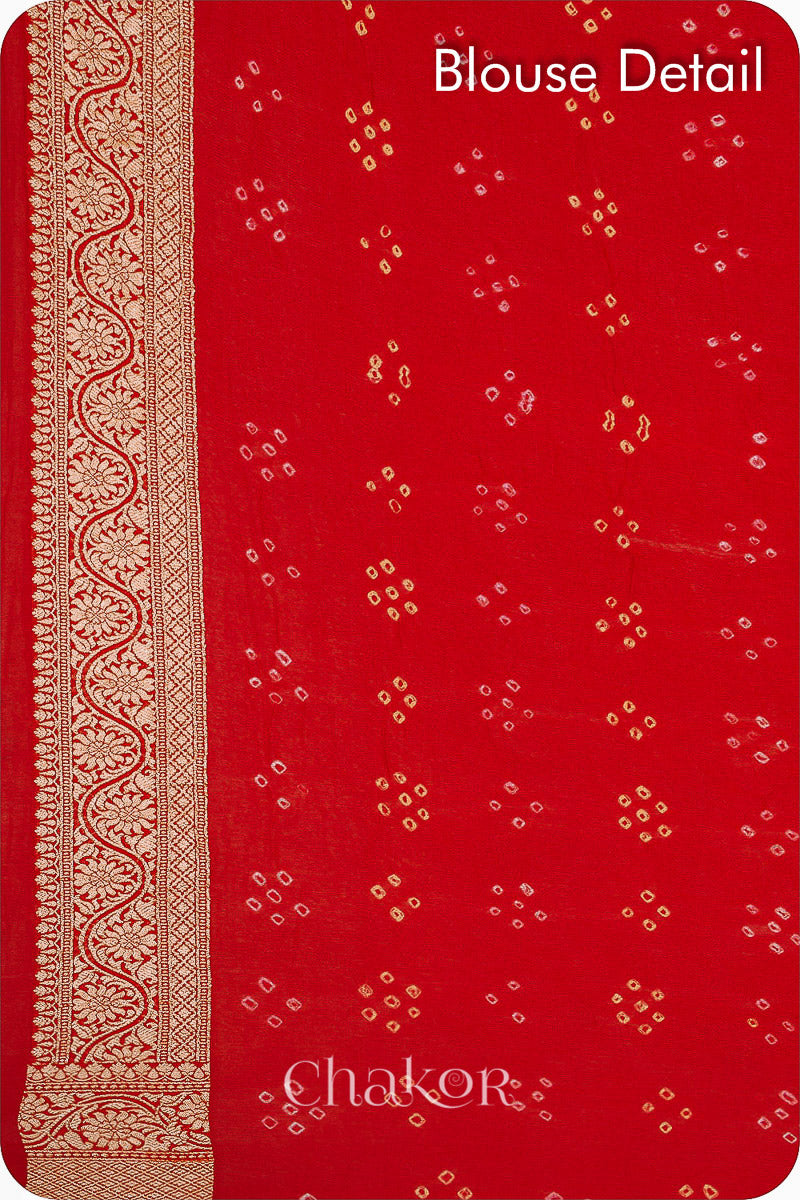 Chakor's traditional auspicious Red banarasi silk bandhej handloom saree- blouse detail