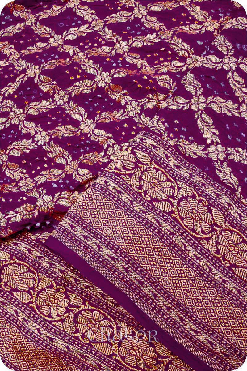 Chakor's traditional Purple banarasi silk bandhej handloom saree - closeup