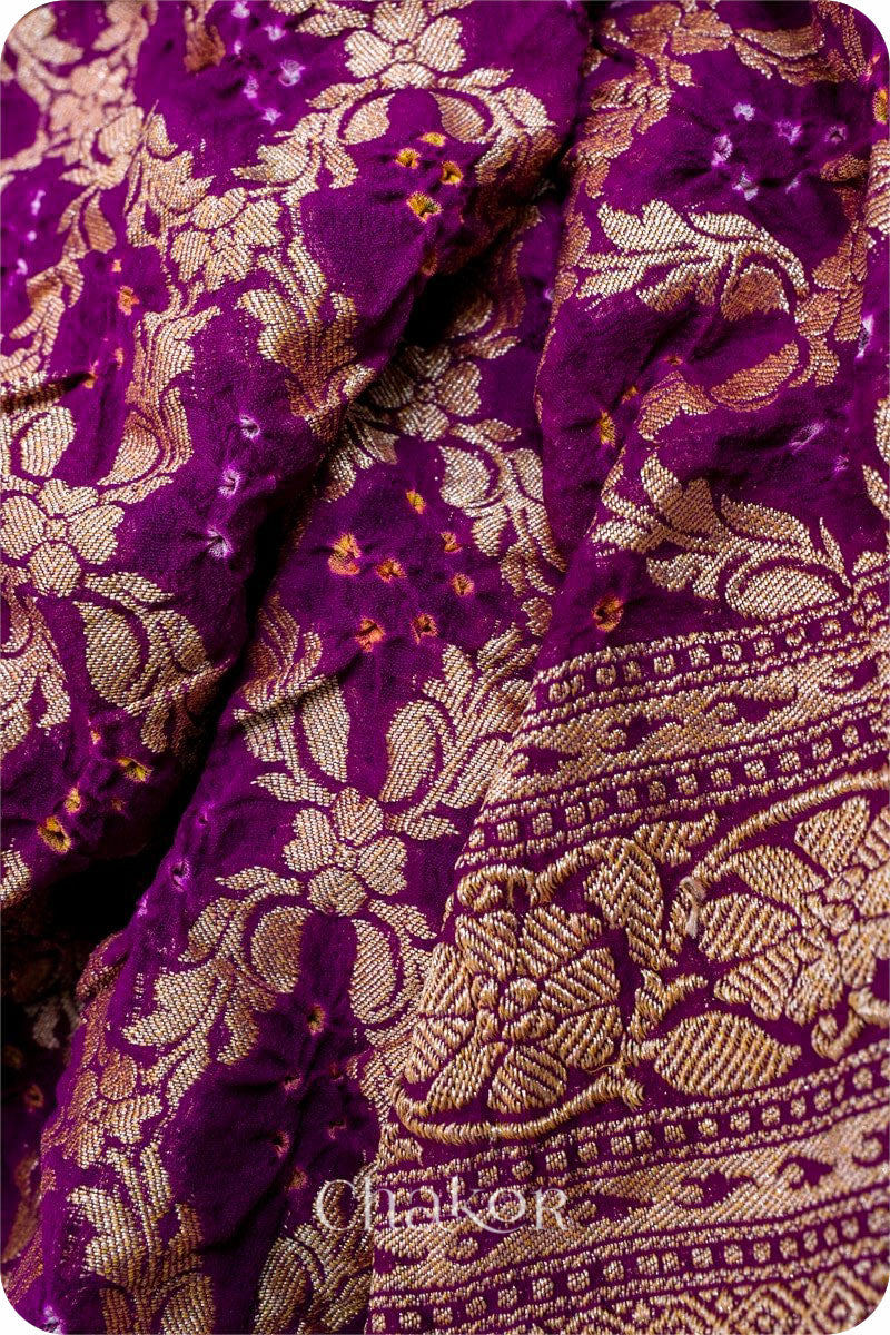 Chakor's traditional Purple banarasi silk bandhej handloom saree - closeup